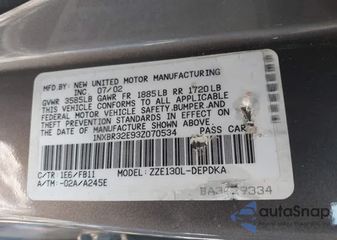 2003 Toyota Corolla Ce z USA, uszkodzony, nr VIN 1NXBR32E93Z070534